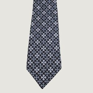 Express Design Studio Mens Silk Tie Black Grey Blue Geometric Fleur De Lis